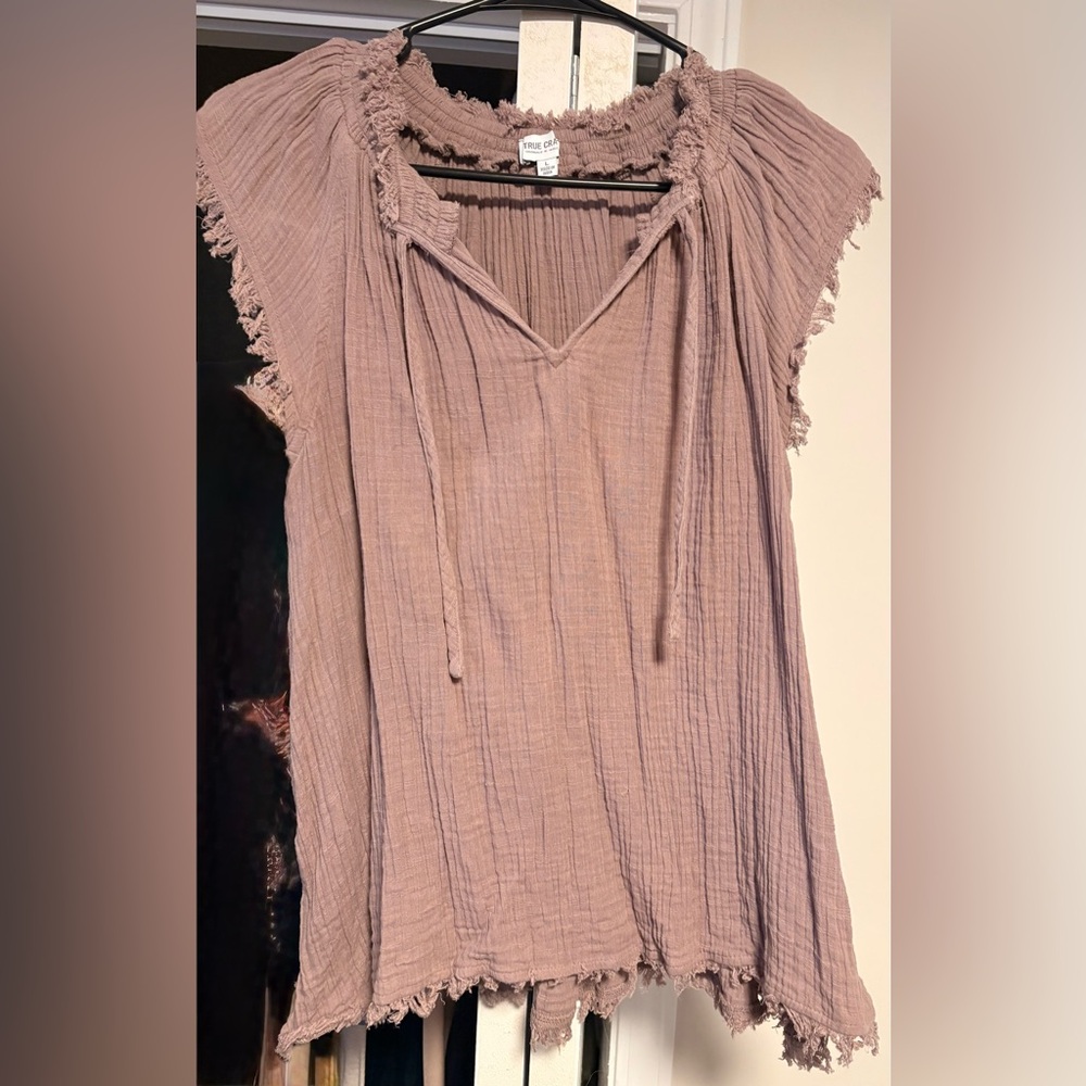 Textured light brown Top with Frayed Sleeves